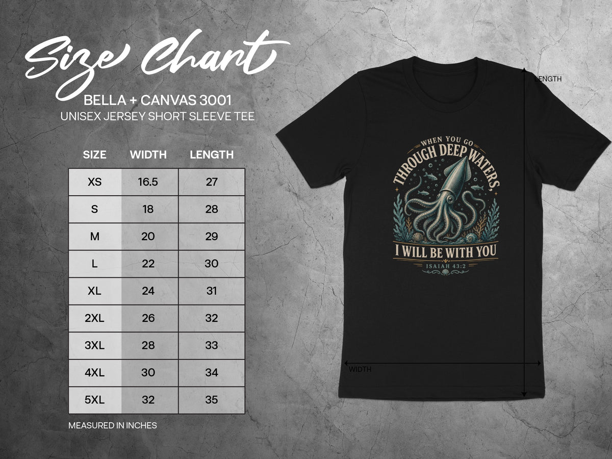 Bella + Canvas 3001 size chart for unisex jersey short sleeve tee with squid graphic.