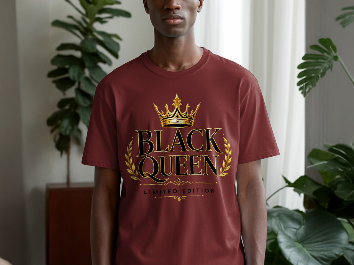 Maroon t-shirt with gold crown, "BLACK QUEEN," and "LIMITED EDITION" text.