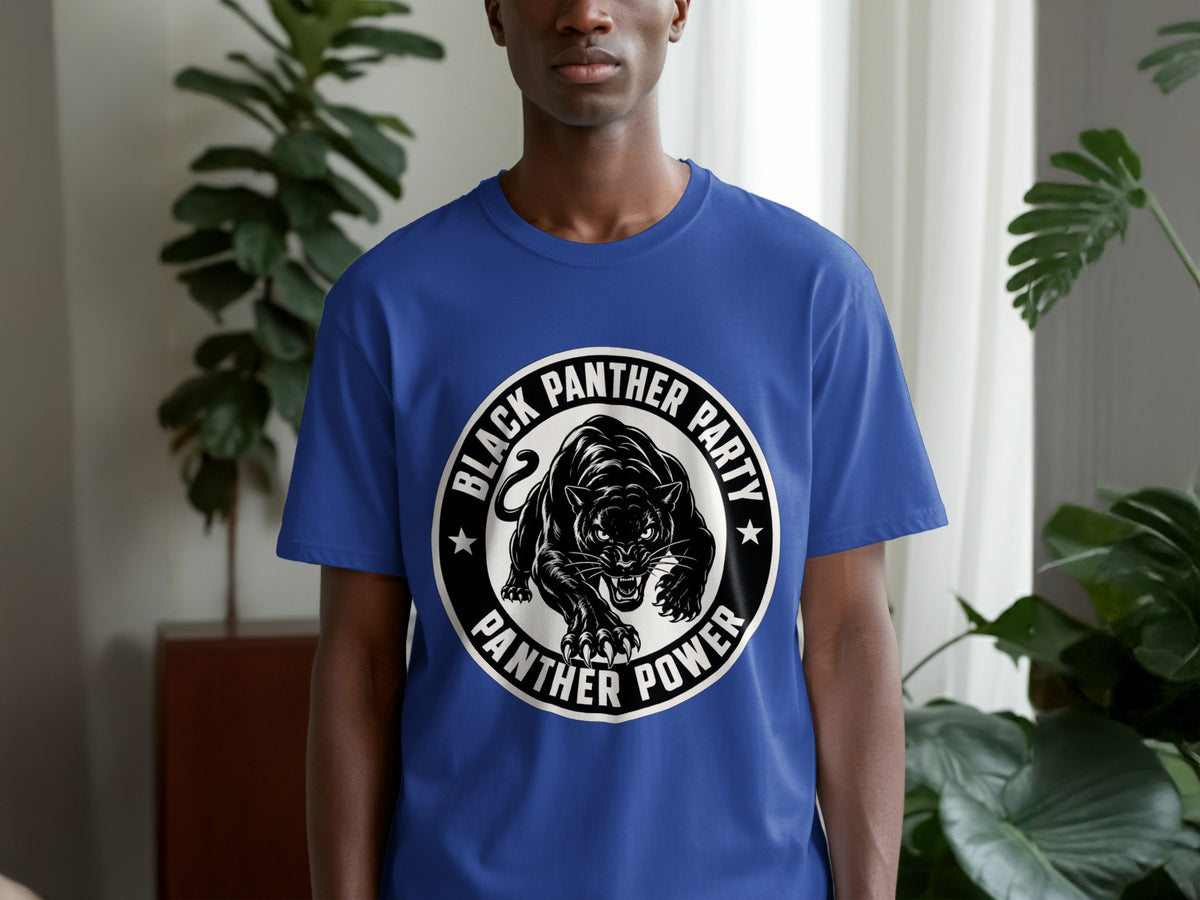Blue t-shirt with black panther graphic and text "BLACK PANTHER PARTY PANTHER POWER".