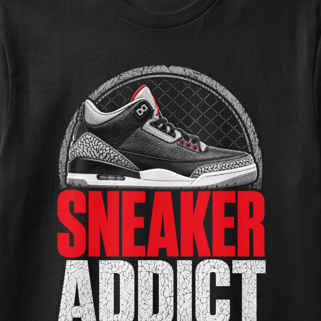 Black t-shirt with graphic of sneaker and text "SNEAKER ADDICT".