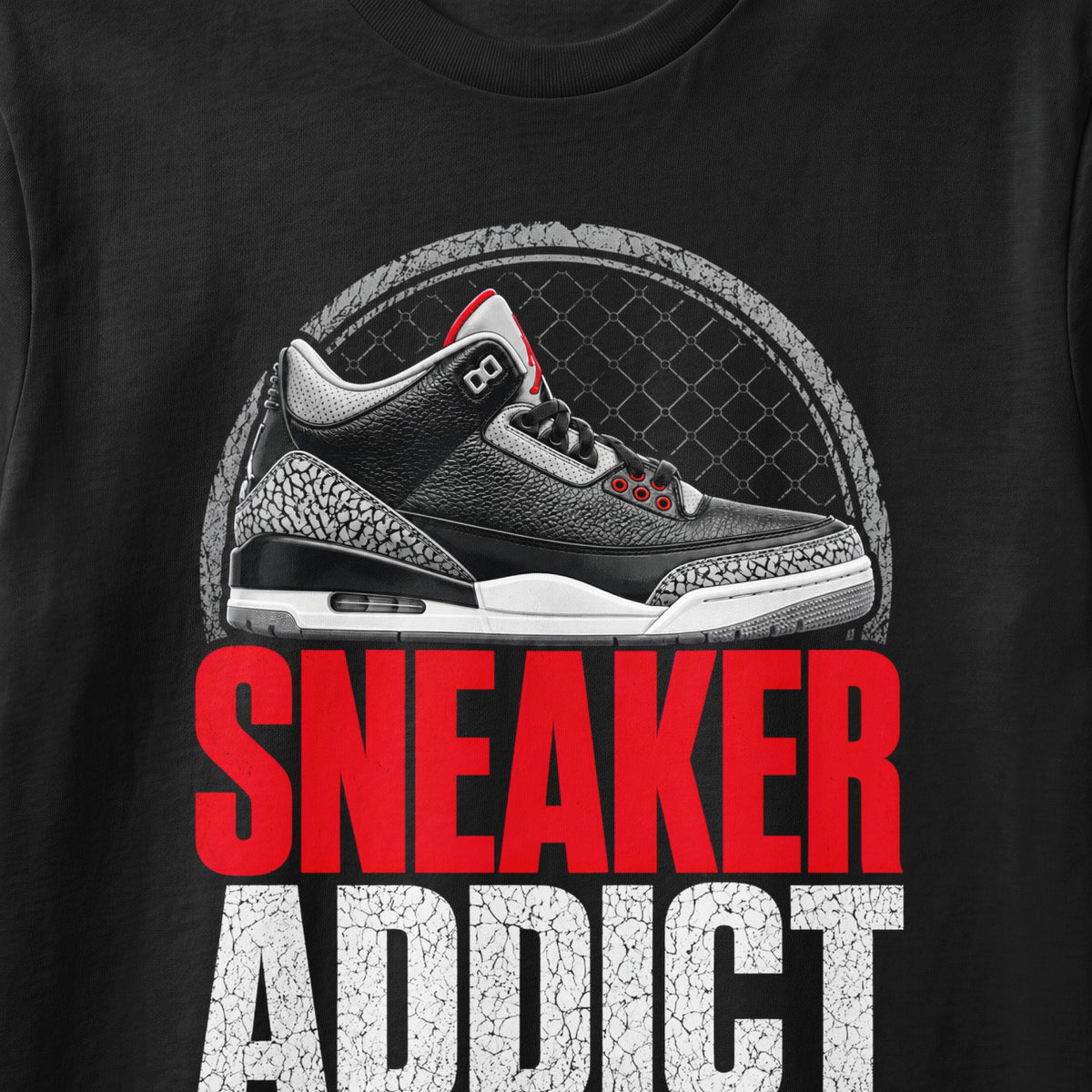 Black t-shirt with graphic of sneaker and text "SNEAKER ADDICT".