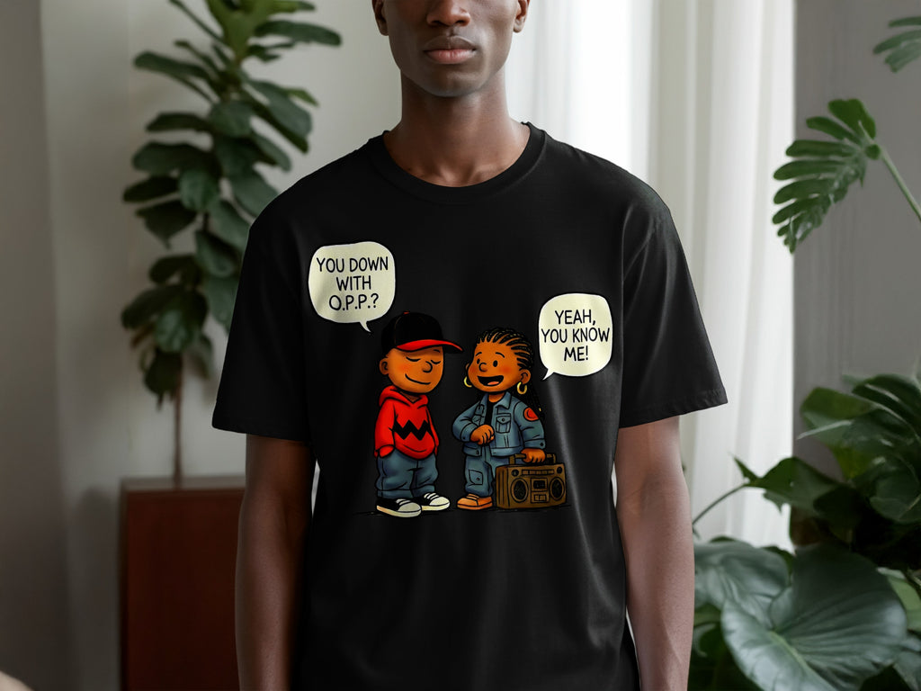 Black t-shirt featuring cartoon characters with dialogue bubbles "YOU DOWN WITH O.P.P.?" and "YEAH, YOU KNOW ME!".