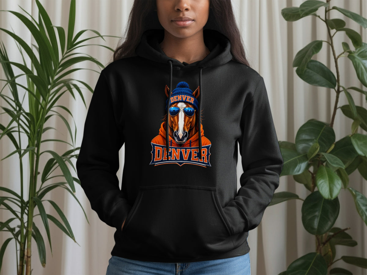 Black hoodie with a graphic of a horse wearing sunglasses and a beanie, with "Denver" text.