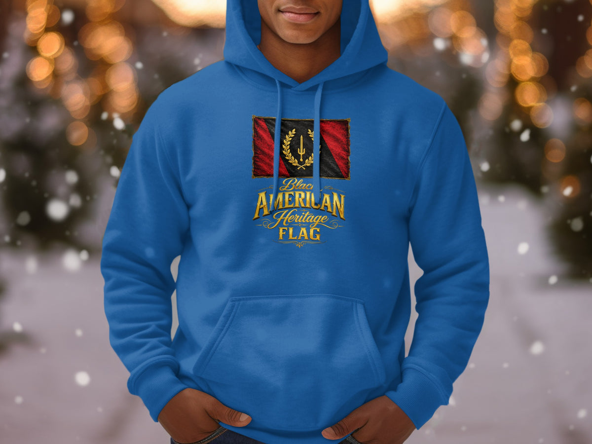 Blue hoodie with Black American Heritage Flag design and gold lettering.
