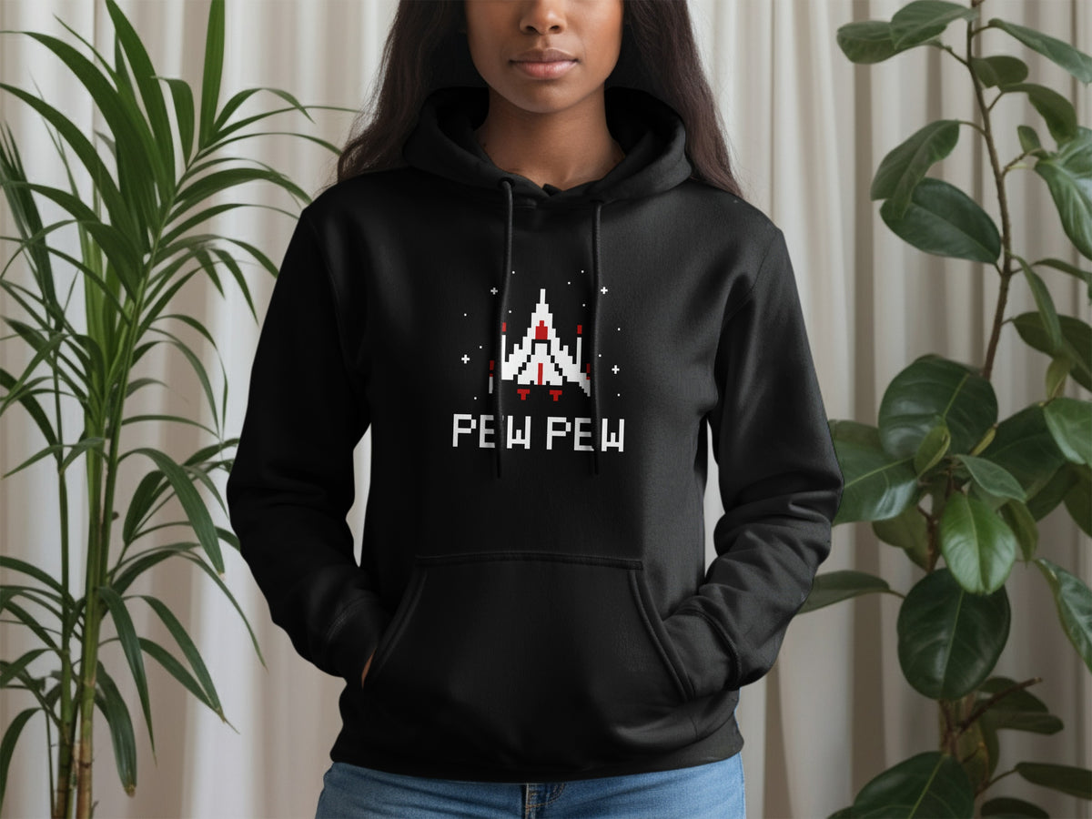 Black hoodie with pixelated spaceship graphic and "PEW PEW" text.