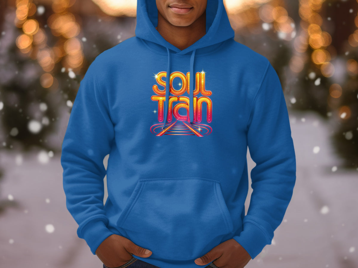 Blue hoodie with a retro "Soul Train" logo featuring a train track design.