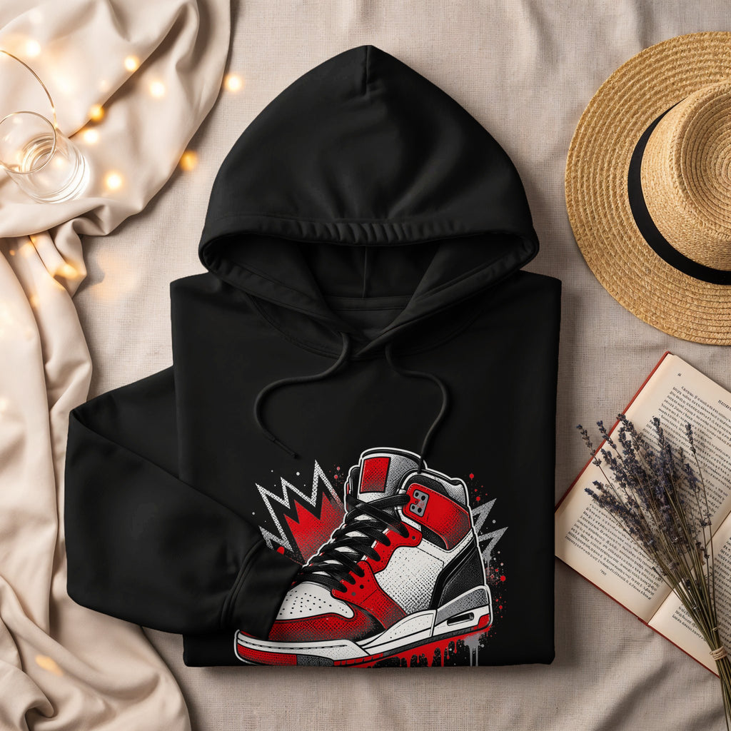 Black hoodie with a red and white high-top sneaker graphic.
