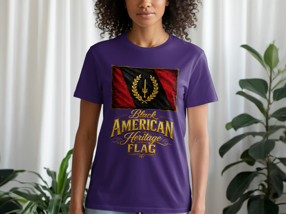 Purple t-shirt with Black American Heritage Flag graphic and gold text.