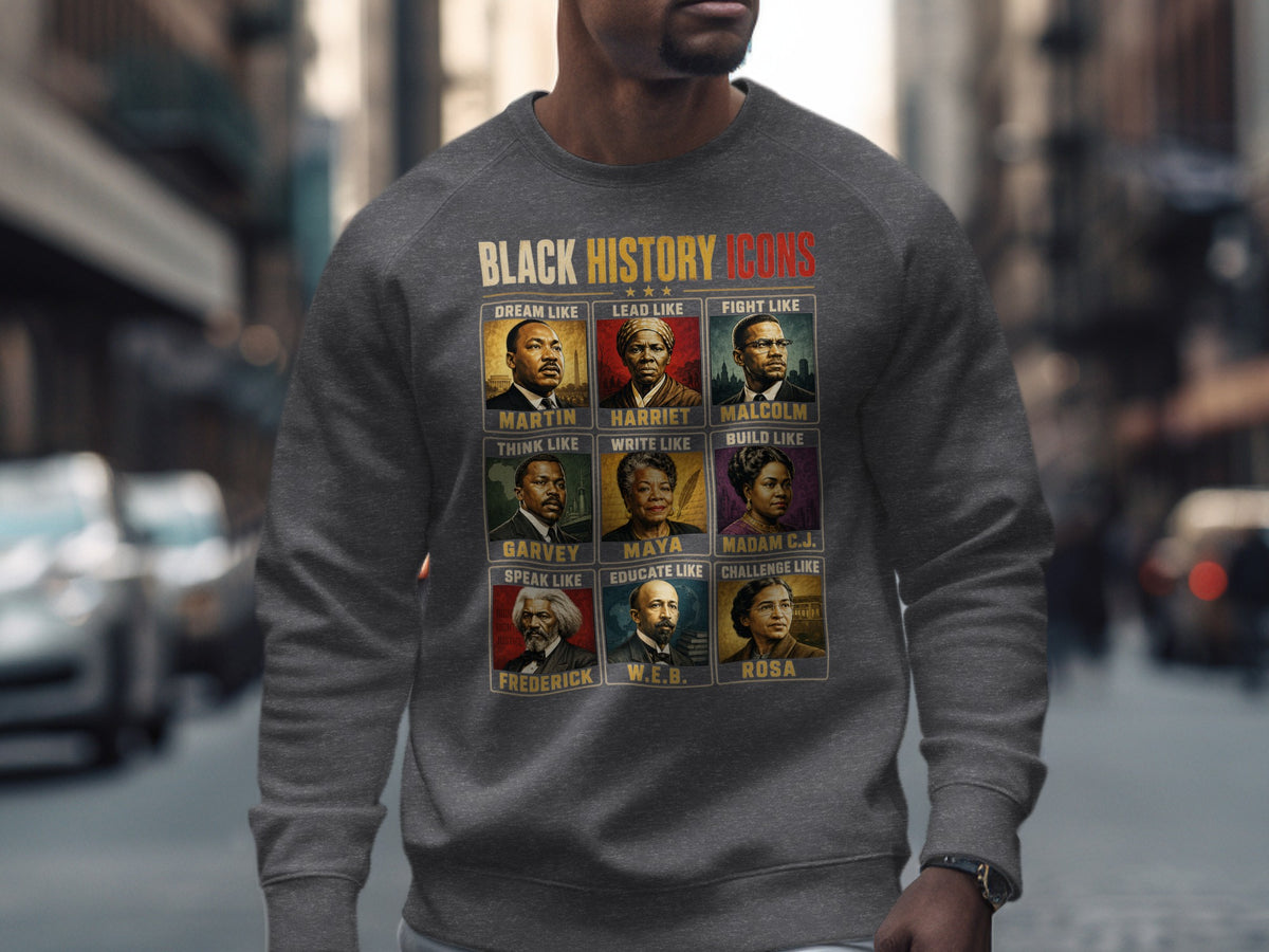 Black History Icons featuring Martin, Harriet, Malcolm, Garvey, Maya, Madam C.J., Frederick, W.E.B., and Rosa.