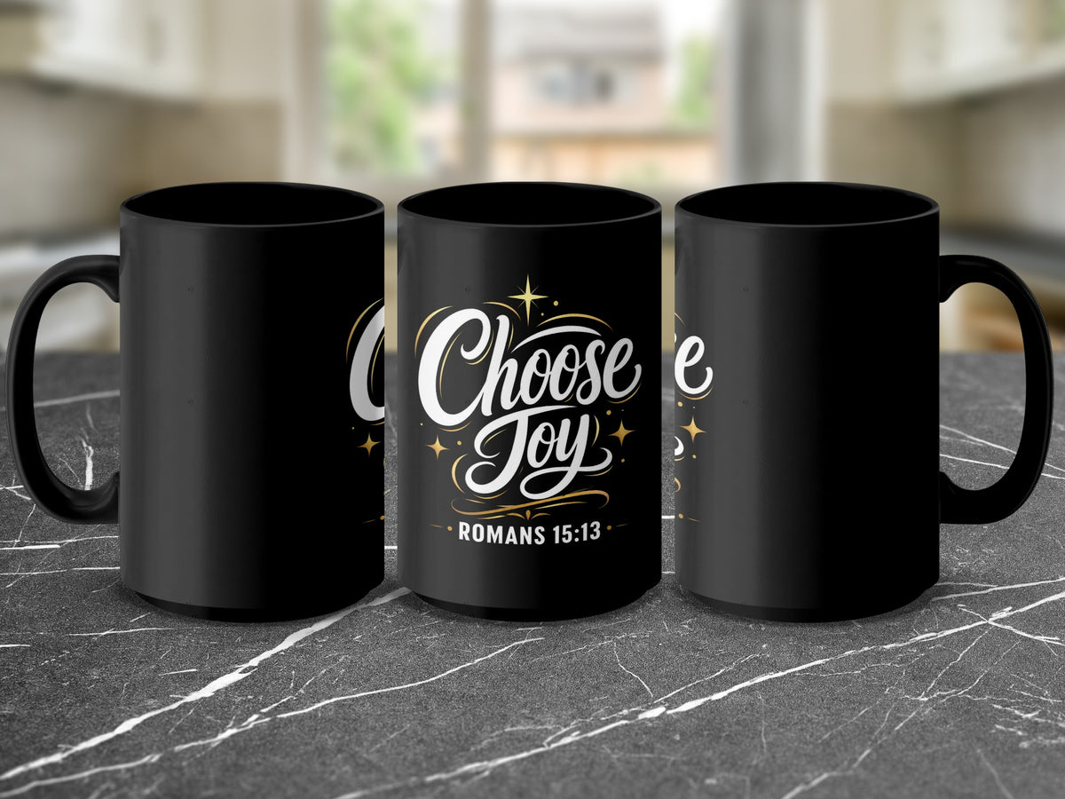 Black mug with "Choose Joy Romans 15:13" text and gold stars.