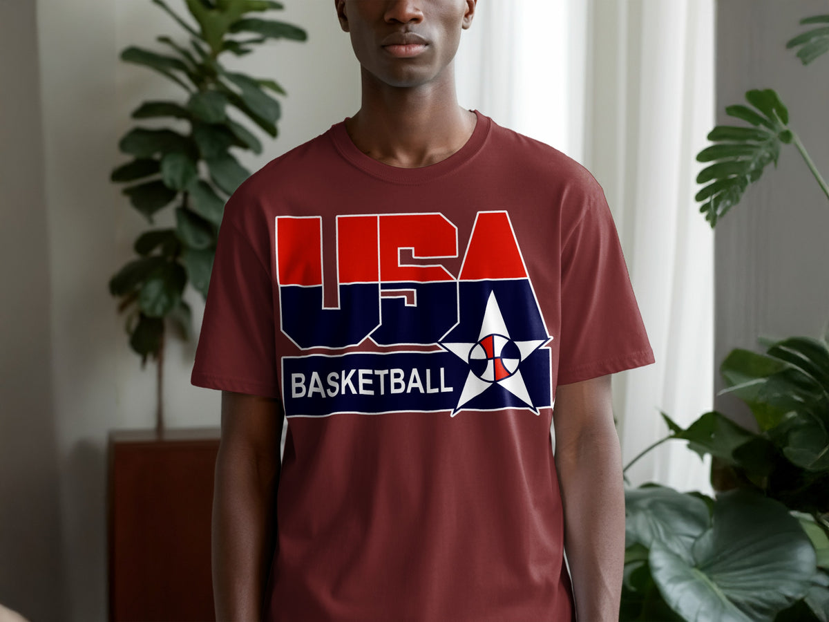 Maroon t-shirt with red, white, and blue "USA BASKETBALL" graphic and star.