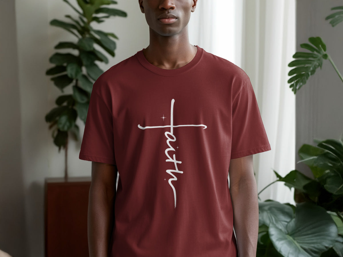 Maroon t-shirt with a white graphic cross with the word "faith" in script.