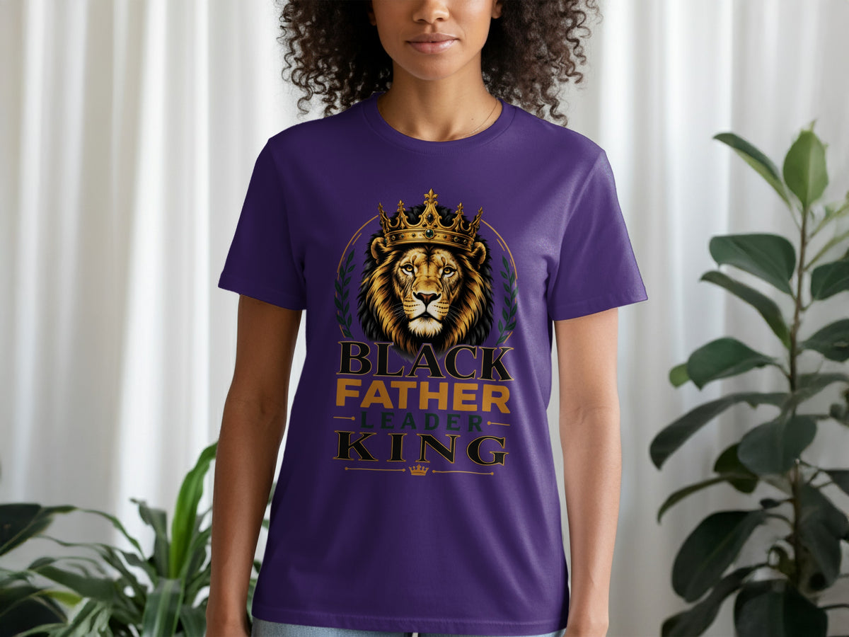 Purple t-shirt with a crowned lion and text reading "BLACK FATHER LEADER KING".