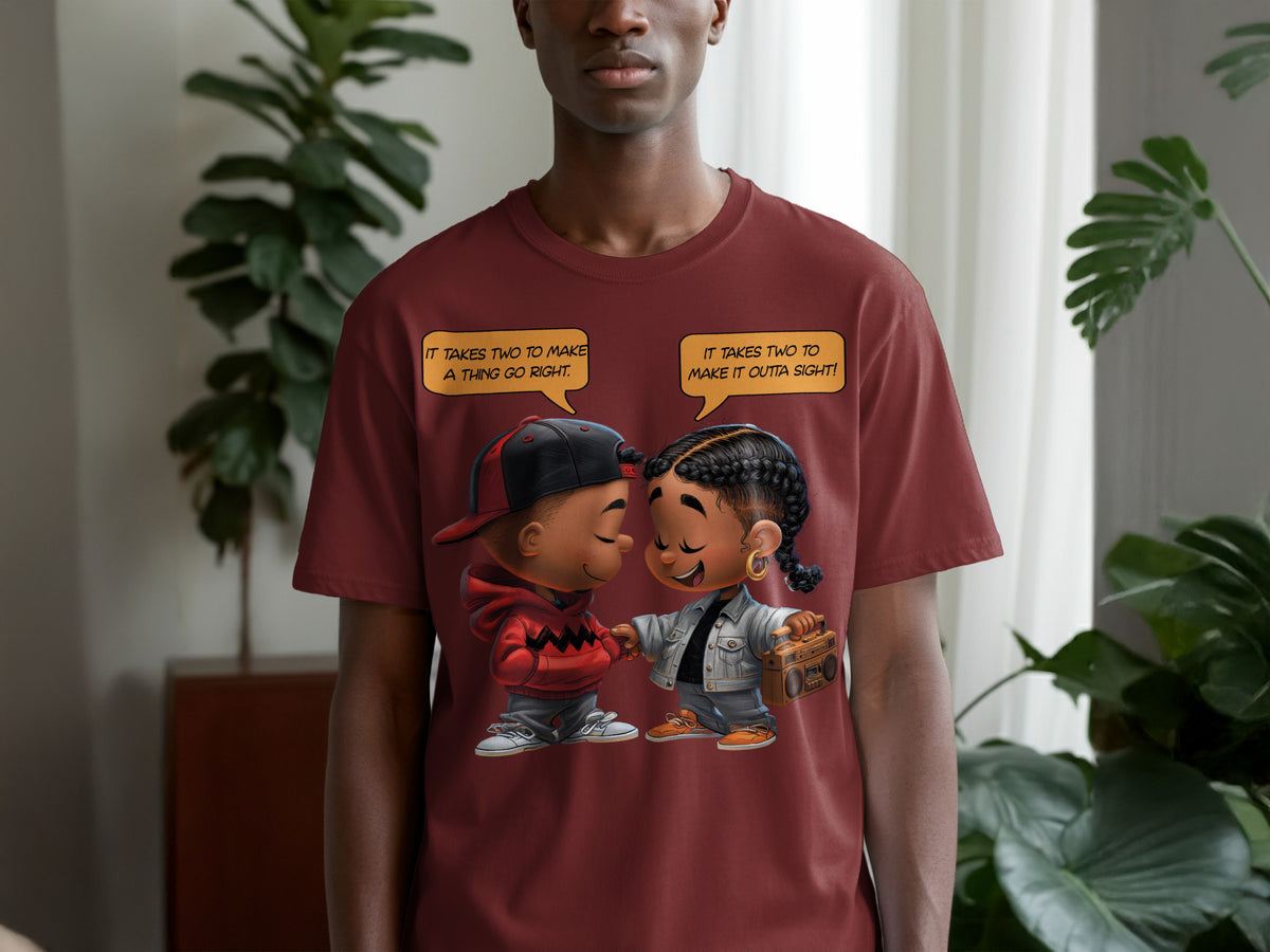 Maroon t-shirt with cartoon children, one with a boombox, and text bubbles.