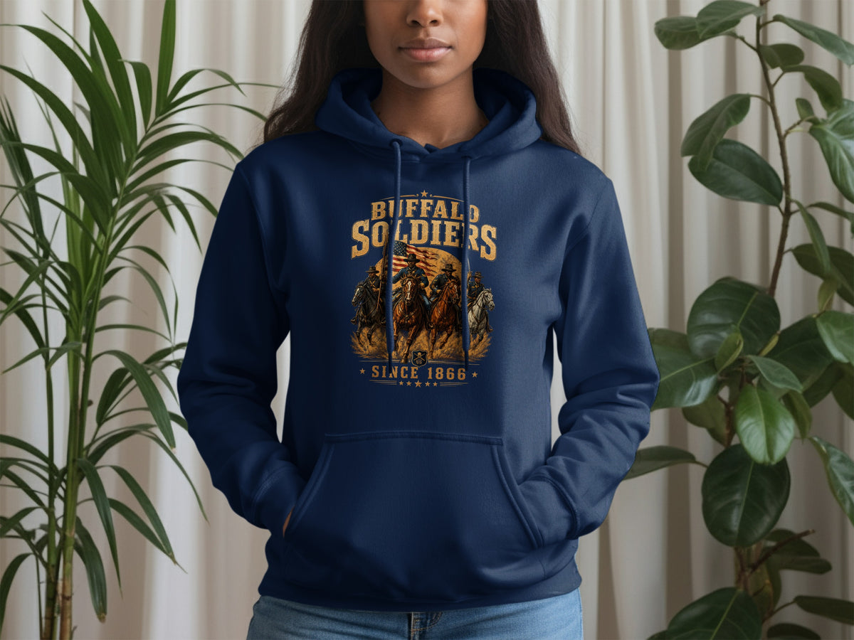 Navy hoodie with Buffalo Soldiers graphic, featuring cavalry and US flag, since 1866.