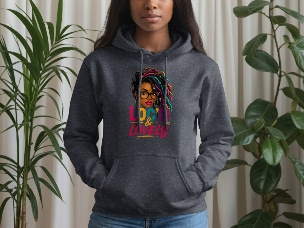 Dark gray hoodie with "Loc'd & Lovely" graphic featuring a woman with locs.