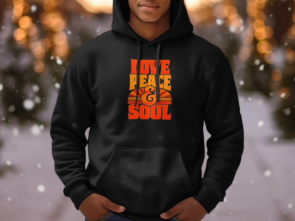 Black hoodie with "LOVE PEACE & SOUL" text in orange and yellow retro font.