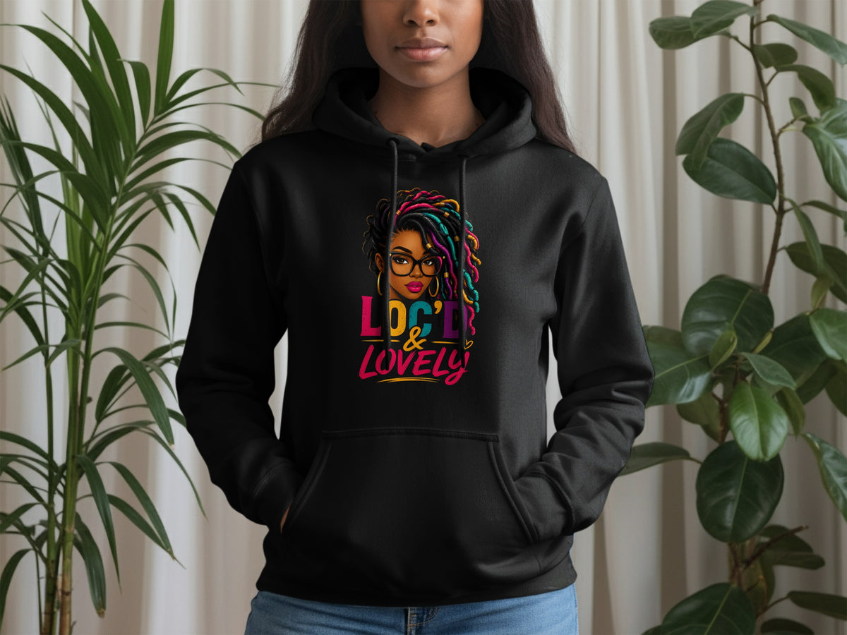 Black hoodie with colorful "Loc'd & Lovely" graphic and woman's portrait.
