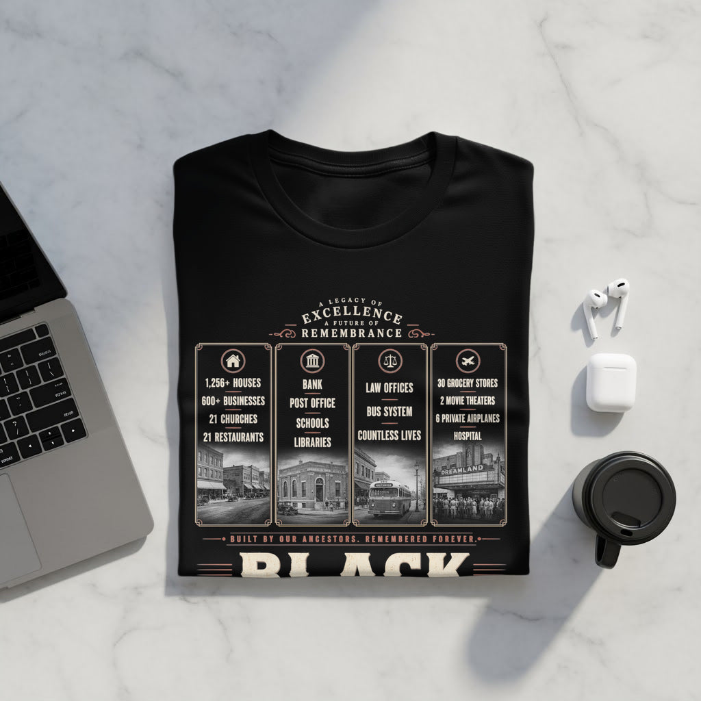 Black t-shirt with "A Legacy of Excellence, A Future of Remembrance" and community statistics.