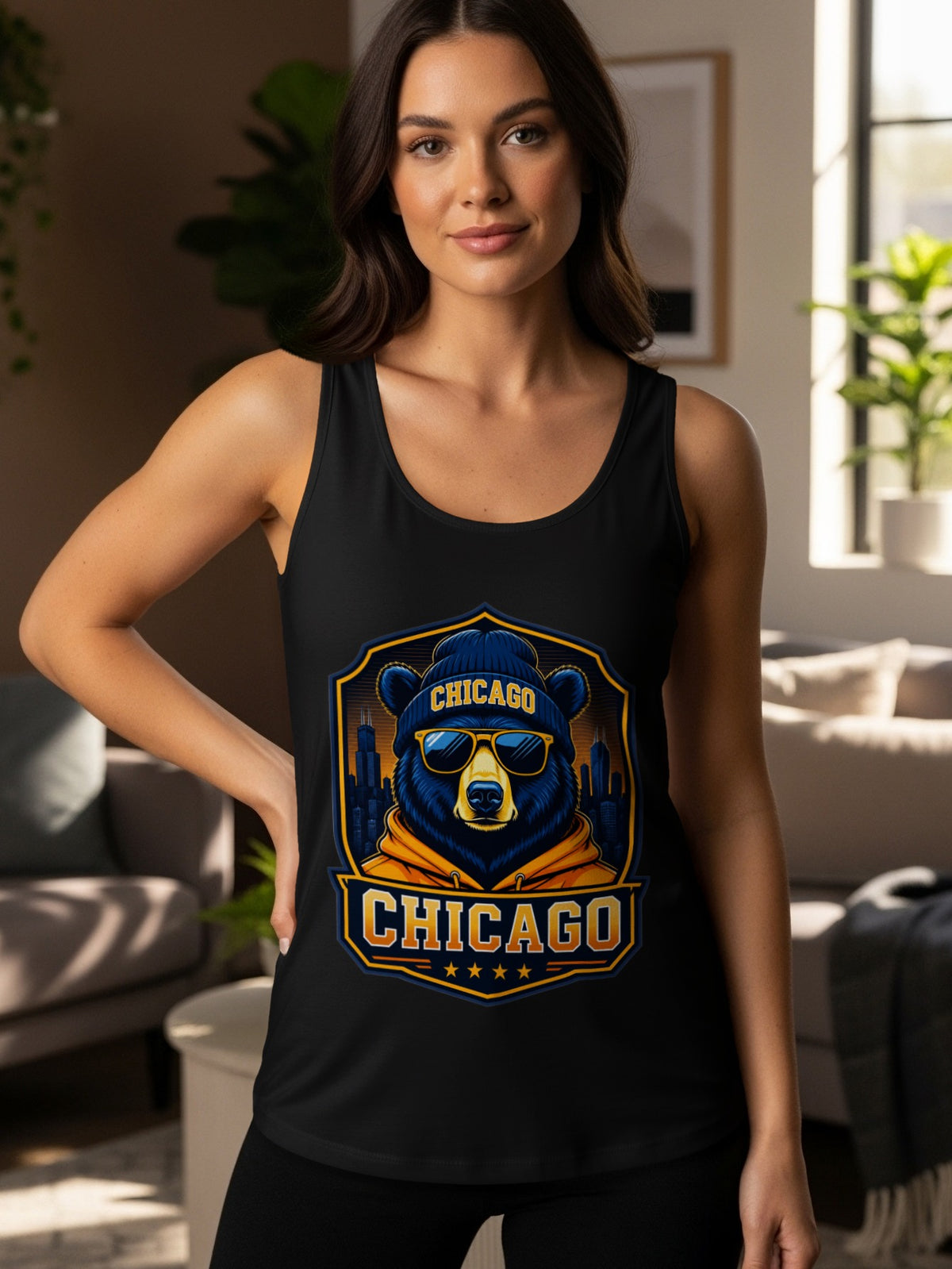Black tank top with a graphic of a cool bear wearing a beanie and sunglasses with "CHICAGO" text.