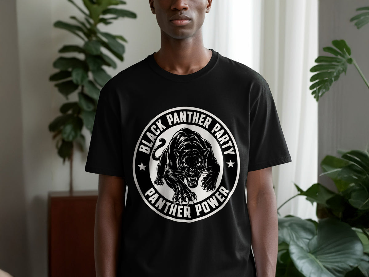 Black t-shirt with "Black Panther Party Panther Power" text and a panther graphic.