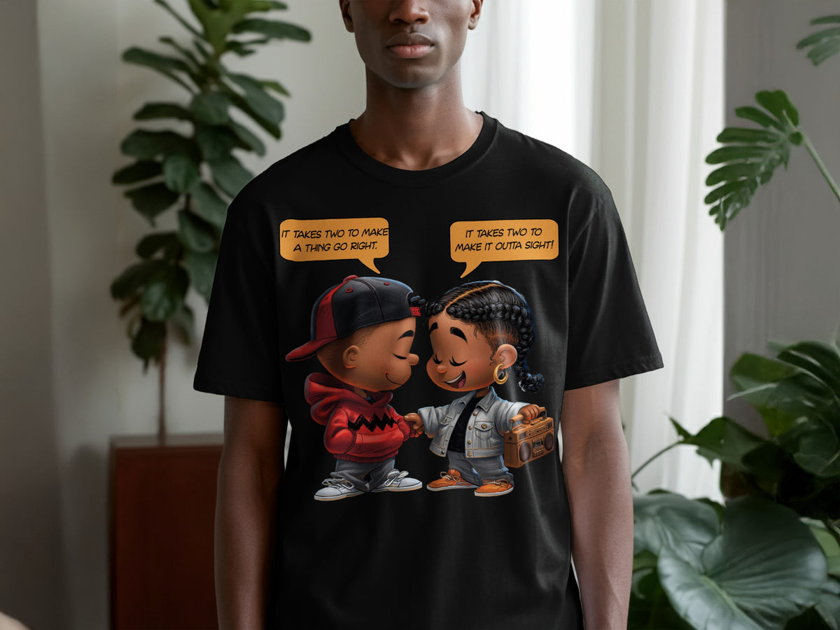 Black t-shirt with cartoon characters saying "It takes two to make a thing go right."
