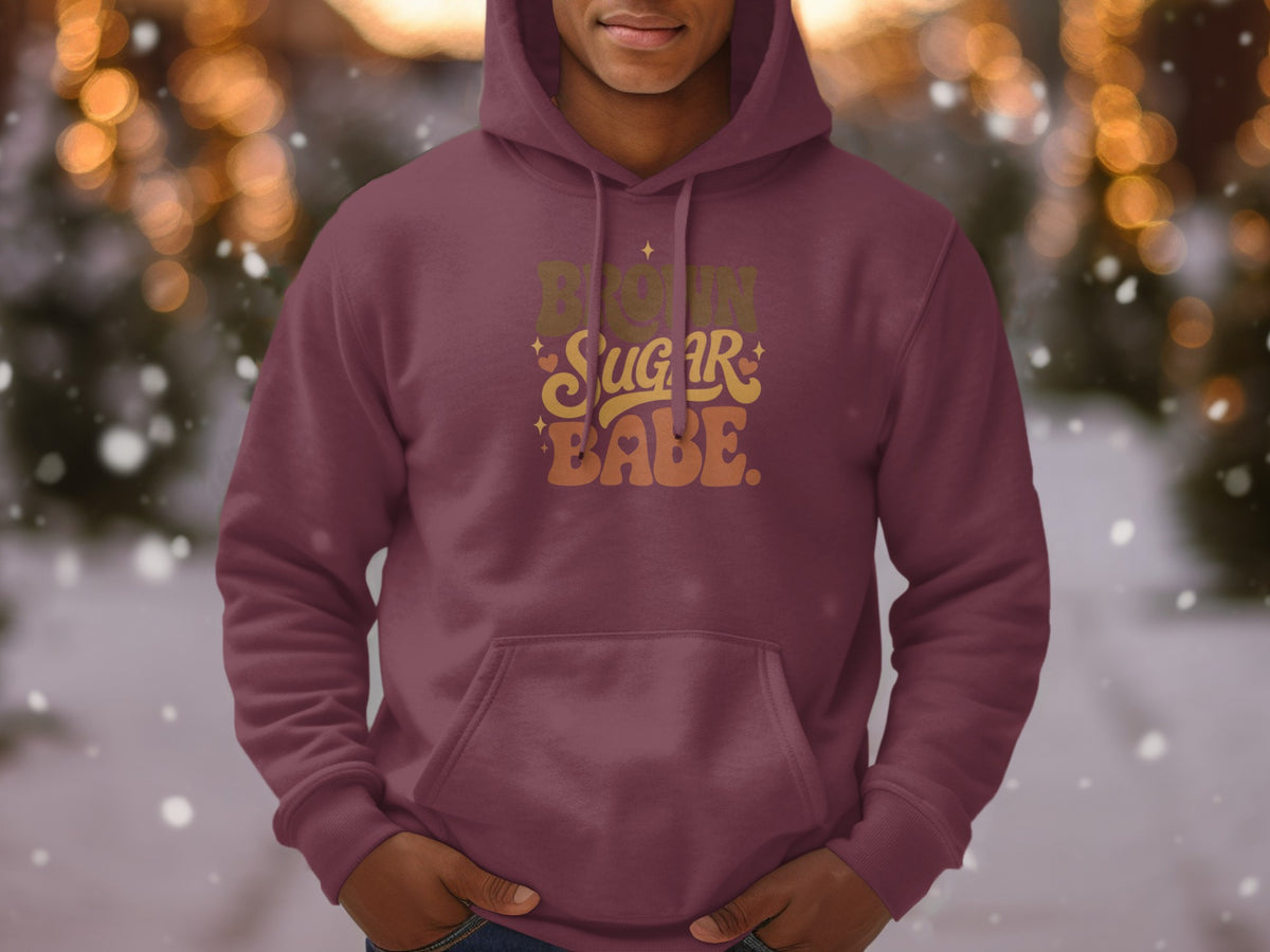 Maroon hoodie with "Brown Sugar Babe" text and bokeh background.