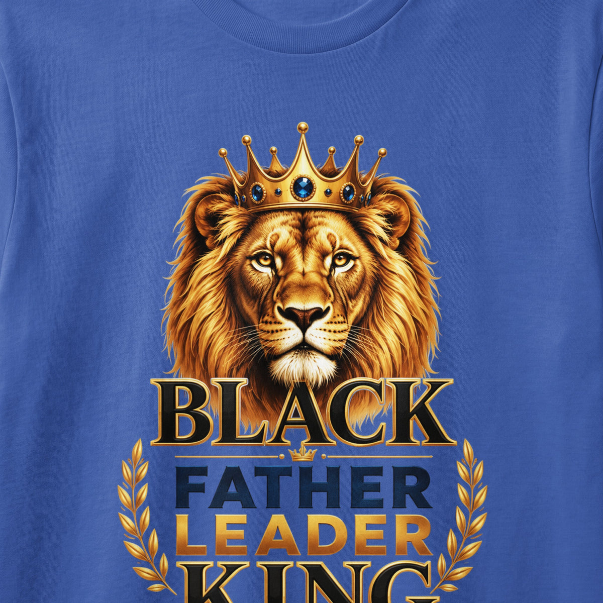 Lion wearing crown with text "BLACK FATHER LEADER KING" below.