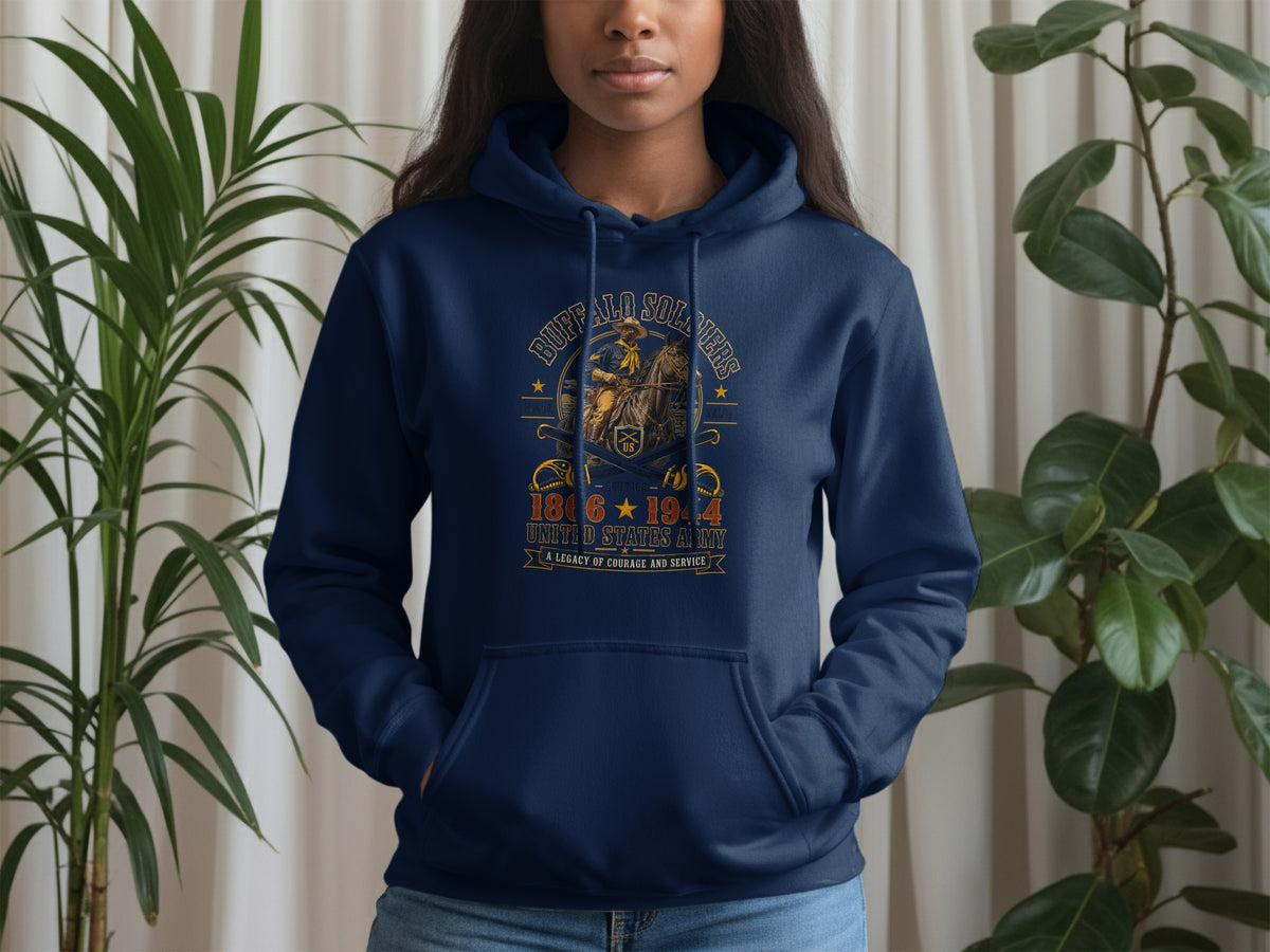 Navy hoodie with Buffalo Soldiers design, featuring a rider on horseback and dates 1866-1944.