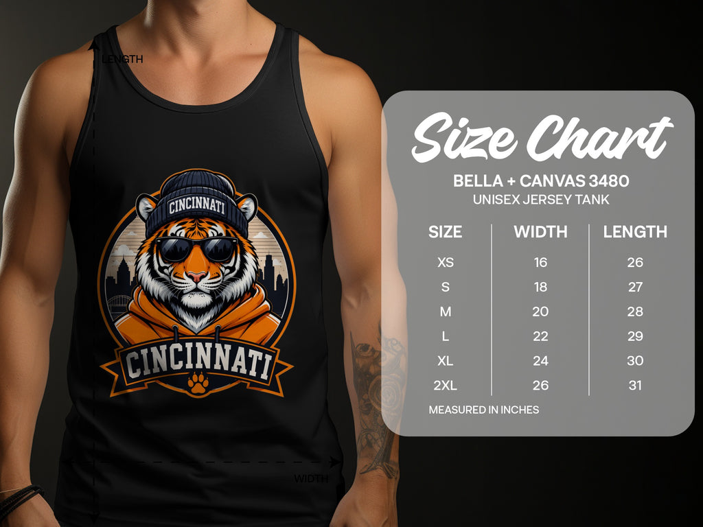 Cincinnati tiger graphic tank top with size chart.