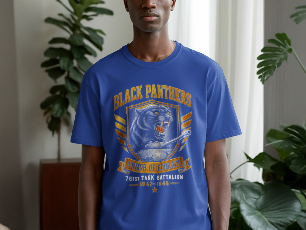 Blue t-shirt with "Black Panthers Armor of Courage 761st Tank Battalion" graphic.