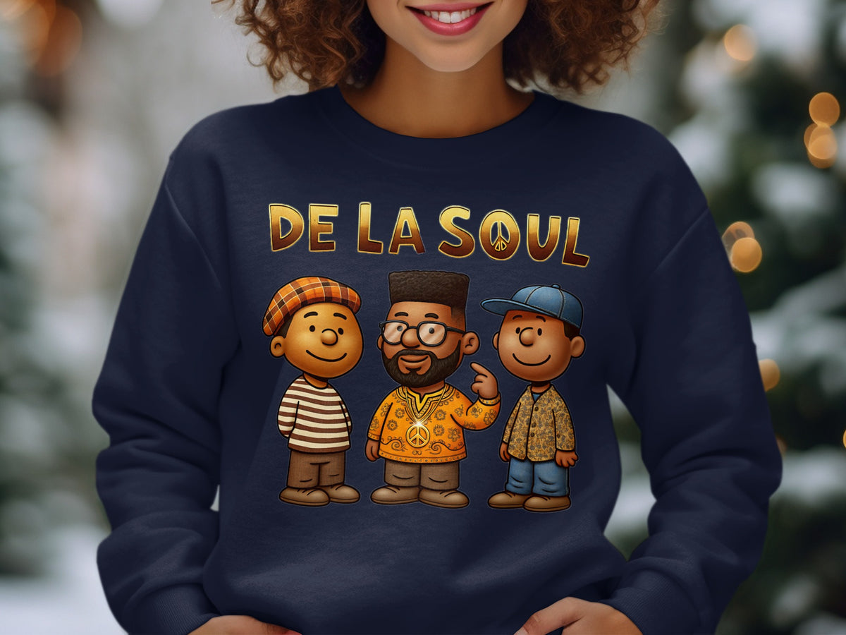 De La Soul logo with three cartoon figures on a navy sweatshirt.