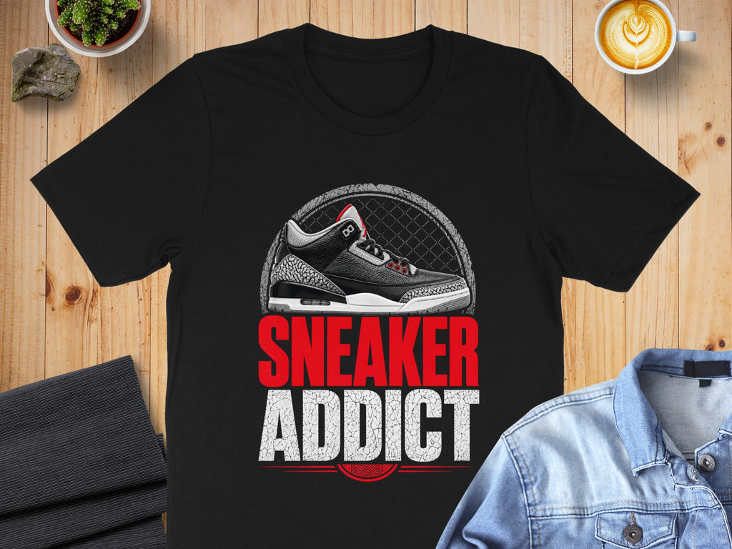 Black t-shirt with sneaker and "SNEAKER ADDICT" text graphic.