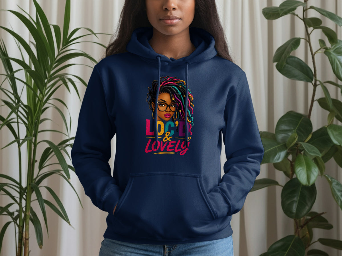 Navy hoodie with graphic of woman with locs and text "LOC'D & LOVELY".