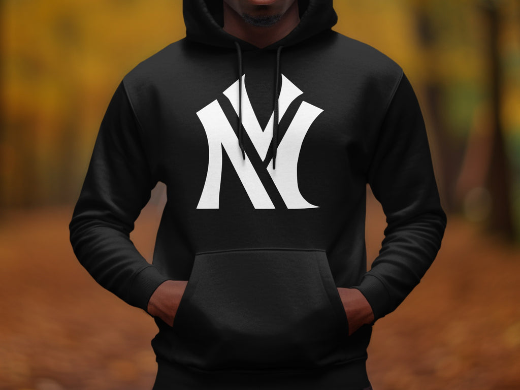 Black hoodie with white stylized NY logo on the chest.