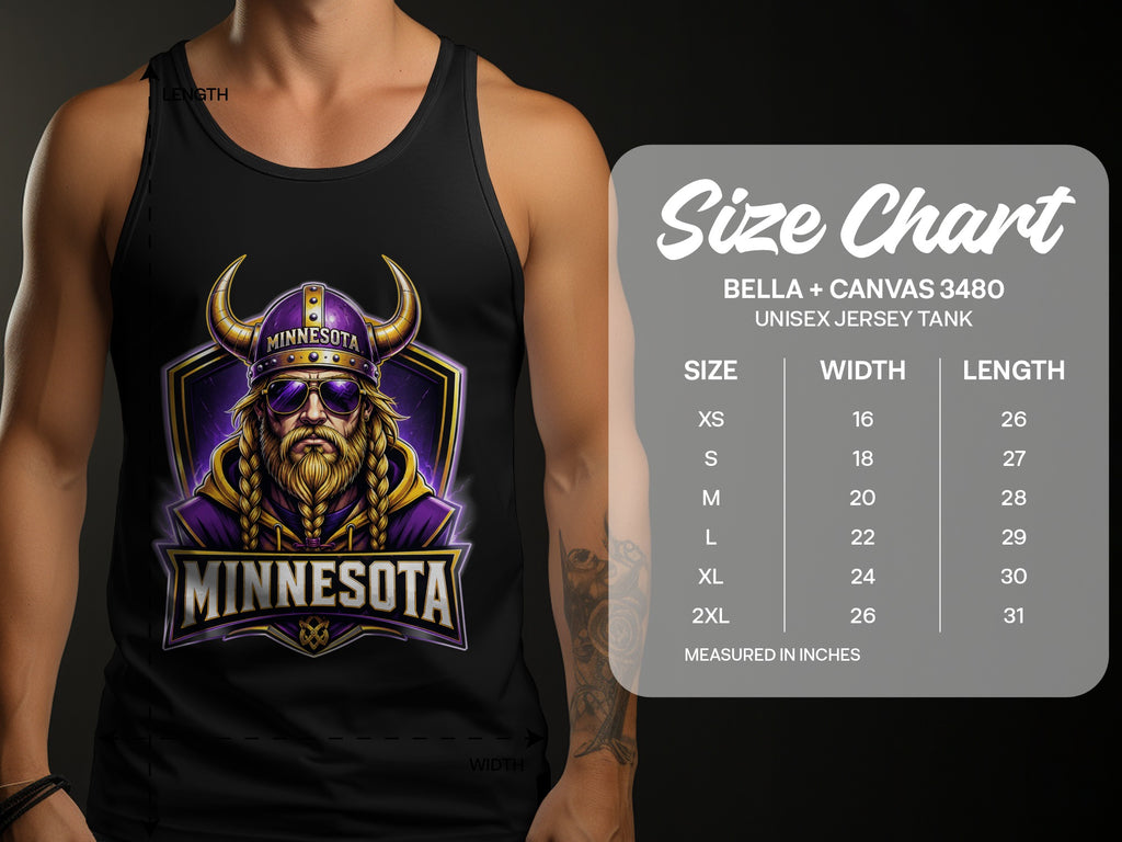 Black Minnesota Vikings graphic tank top with size chart.