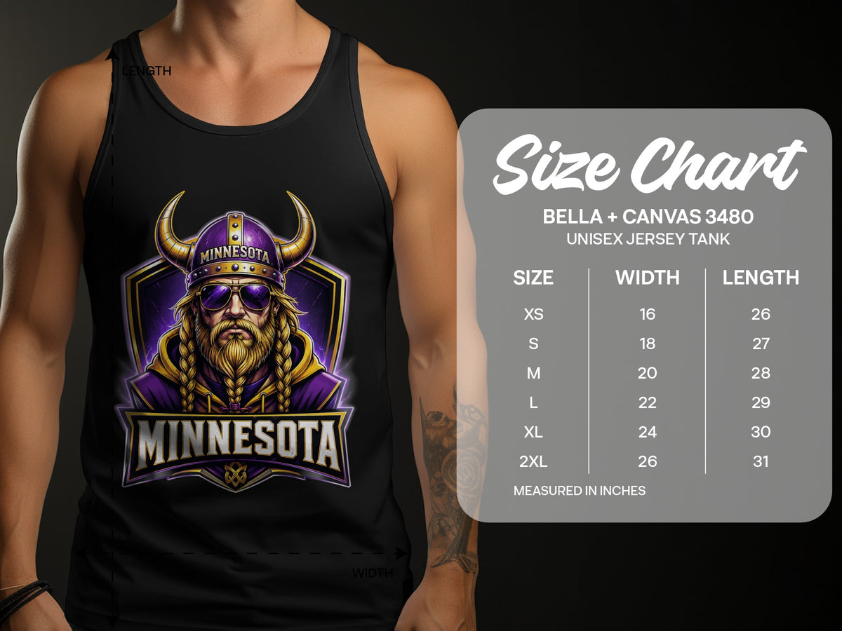 Black Minnesota Vikings graphic tank top with size chart.