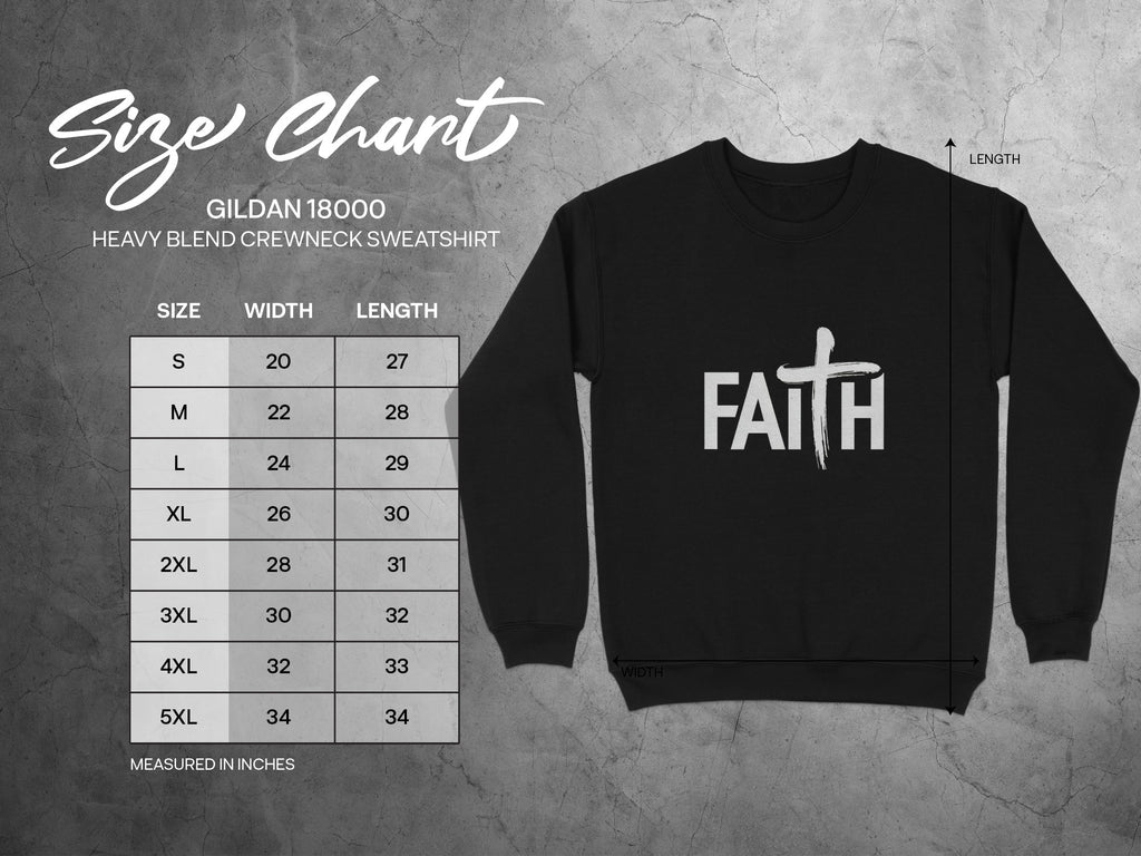 Gildan 18000 heavy blend sweatshirt size chart with dimensions in inches.