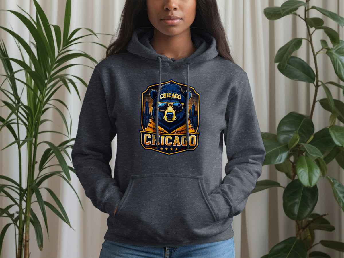 Dark grey hoodie featuring a graphic with a bear wearing sunglasses and a beanie, text "Chicago".