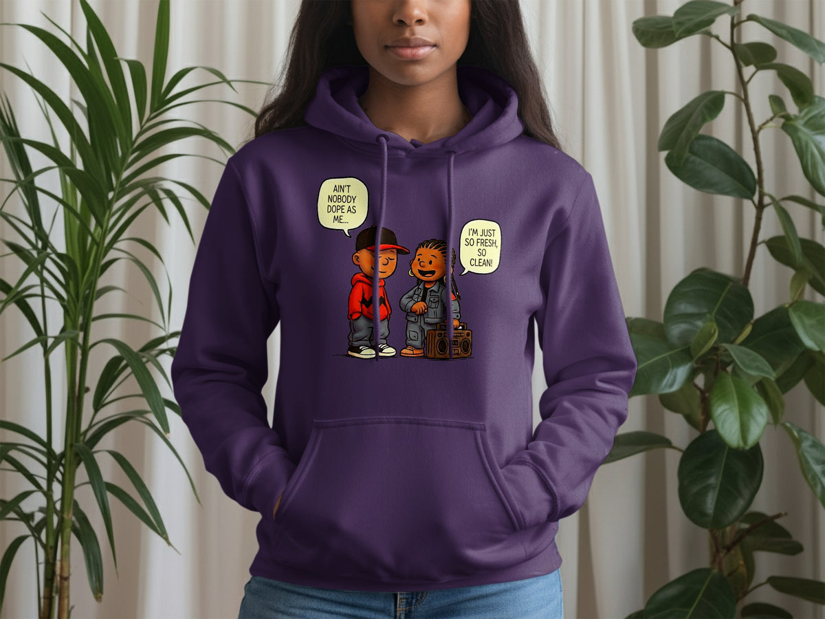 Purple hoodie with cartoon characters and speech bubbles saying "Ain't nobody dope as me" and "I'm just so fresh, so clean!".