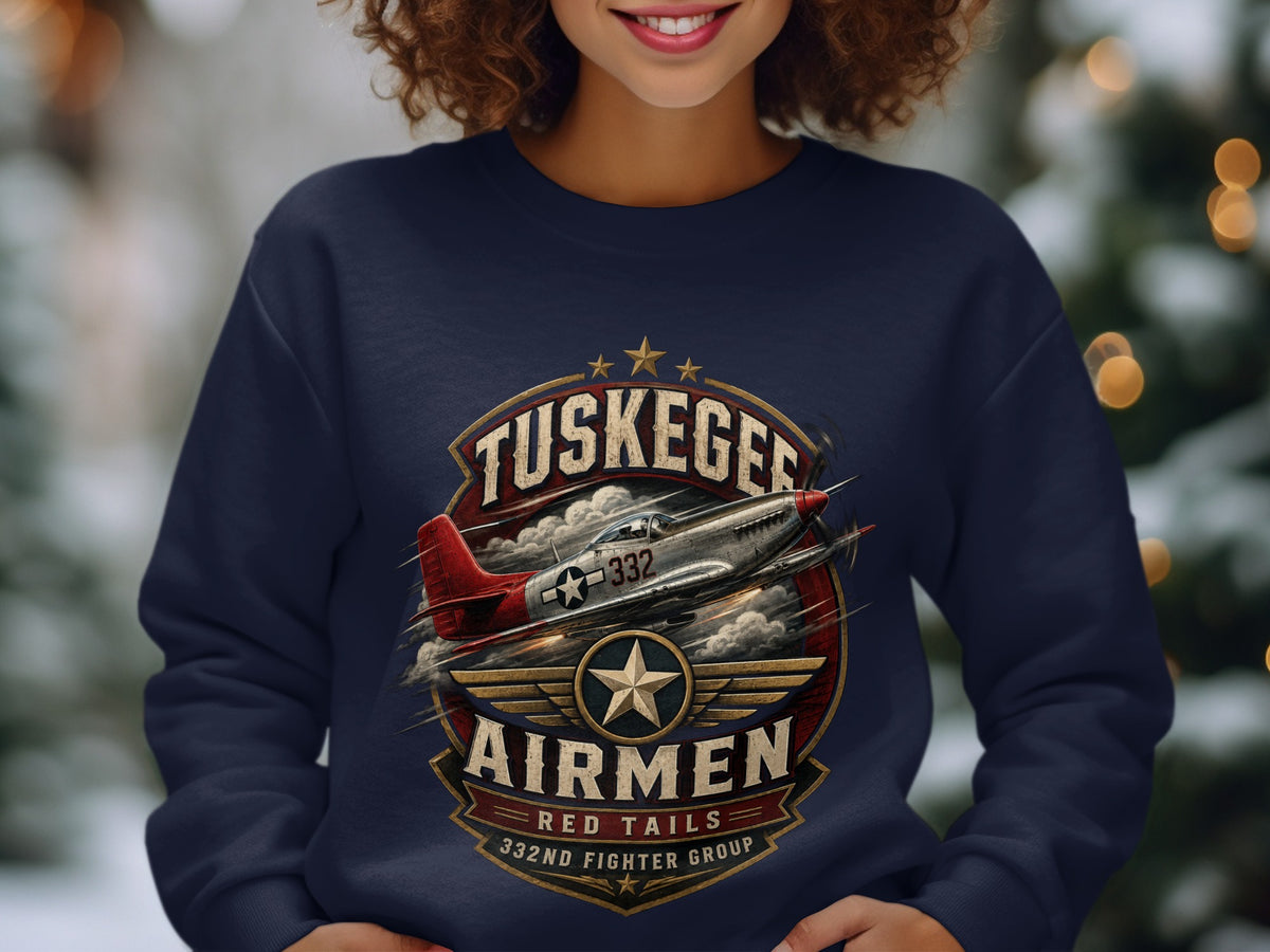 Tuskegee Airmen graphic with P-51 Mustang airplane and text "Red Tails 332nd Fighter Group".