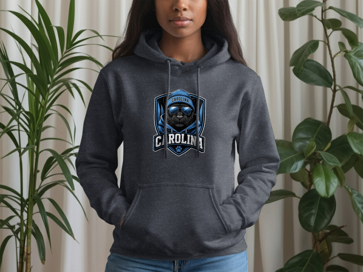 Dark gray hoodie with a black panther wearing a blue beanie and sunglasses graphic.