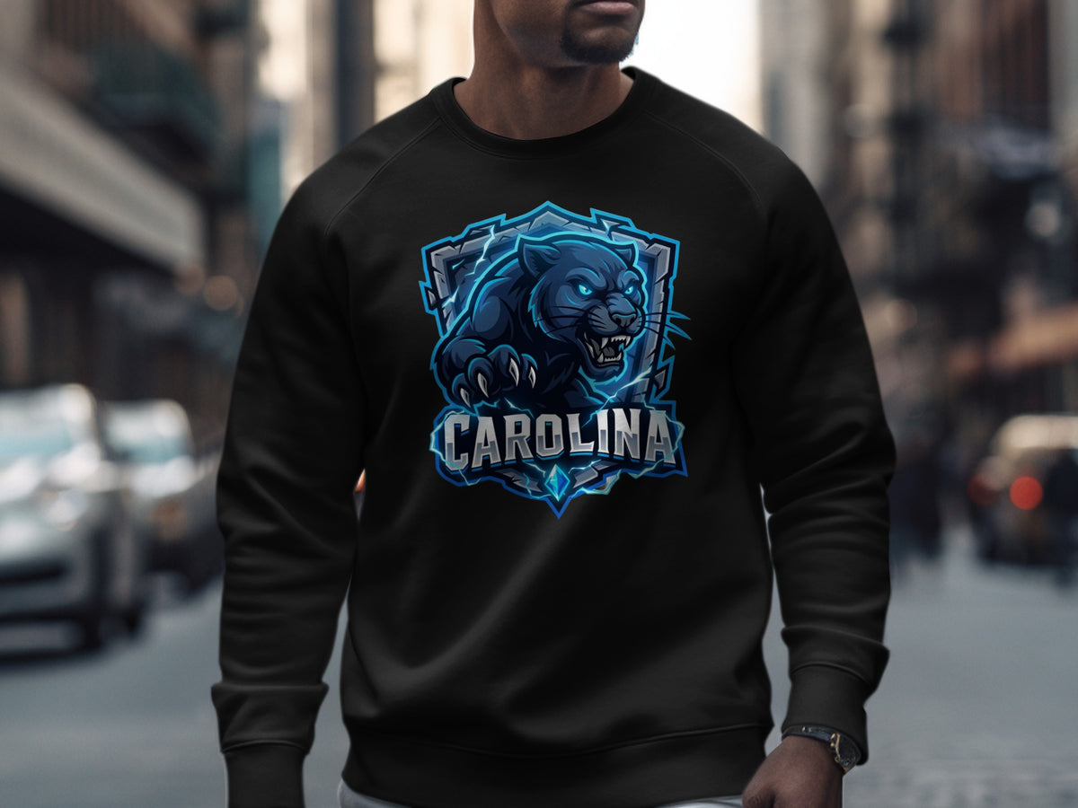 Black sweatshirt with a blue panther logo and "CAROLINA" text.