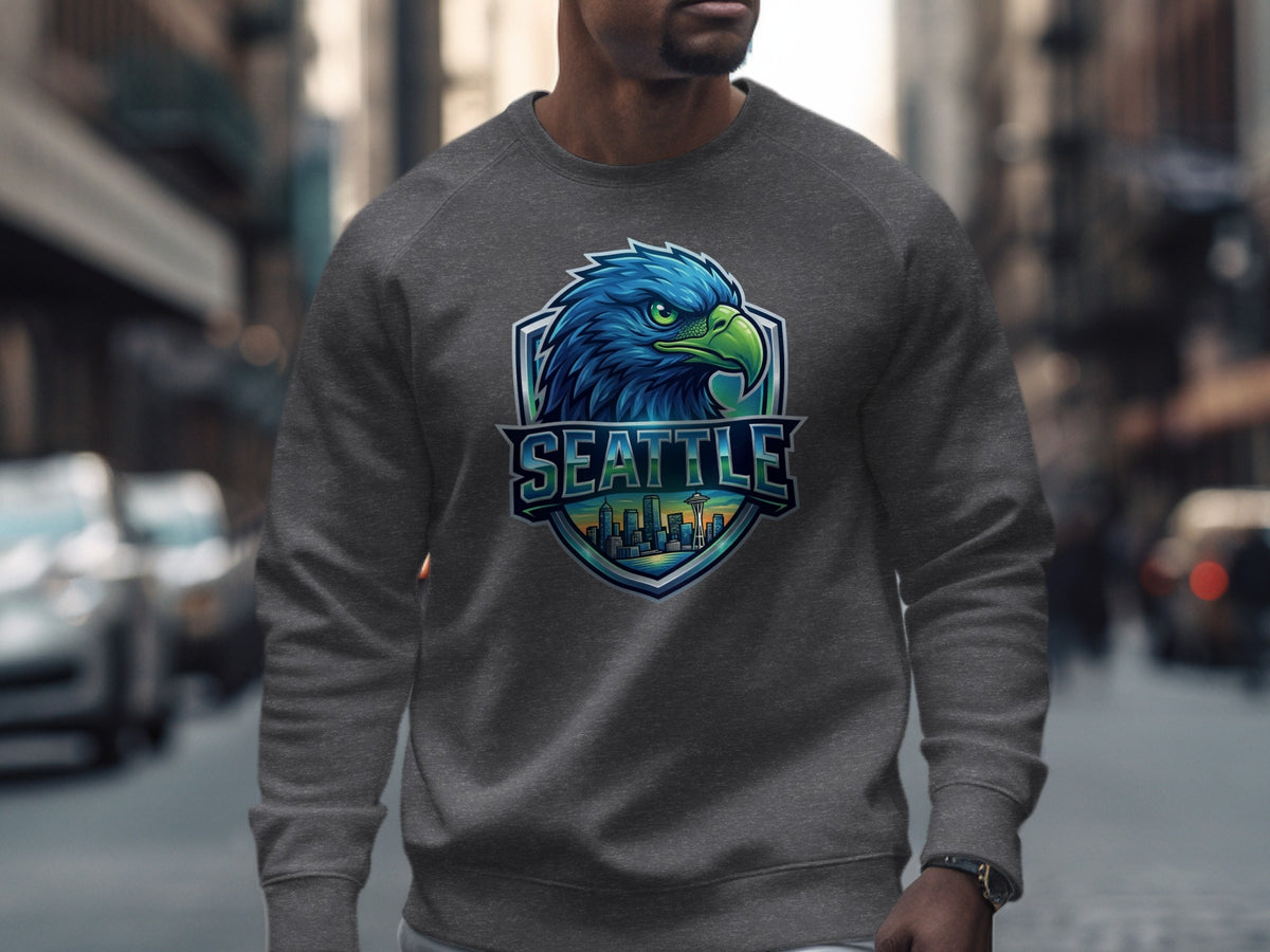 Grey crewneck sweatshirt with Seattle skyline and eagle logo graphic.