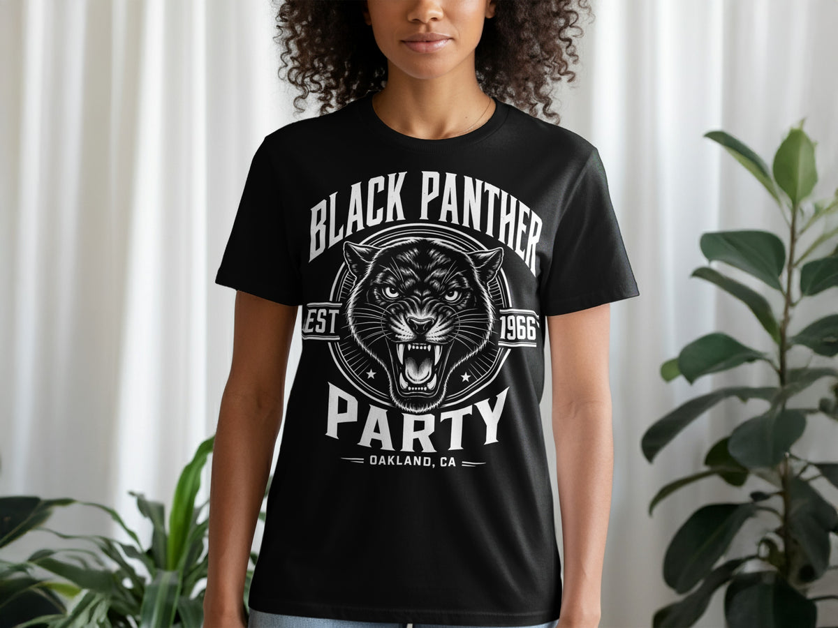 Black Panther Party t-shirt with panther logo, "EST 1966", and "Oakland, CA".