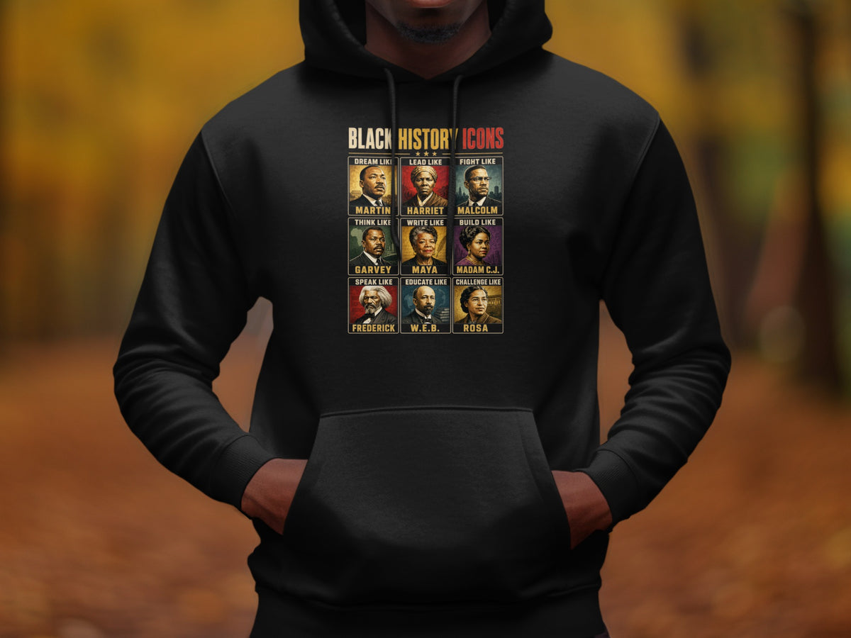 Black History Icons design featuring portraits of Martin, Harriet, Malcolm, Garvey, Maya, Madam C.J., Frederick, W.E.B., and Rosa.