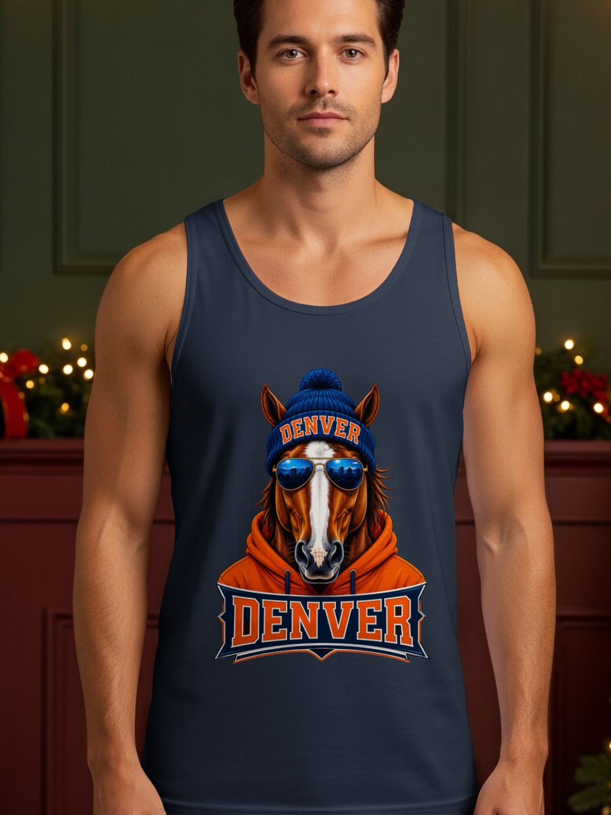 Horse wearing sunglasses and beanie with "Denver" on a tank top.