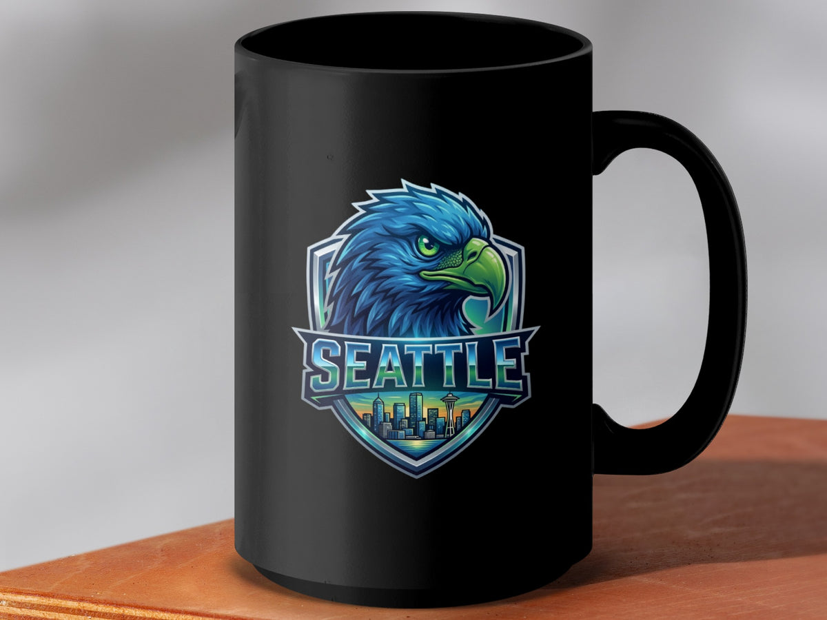 Black mug with Seattle skyline and blue eagle crest logo.