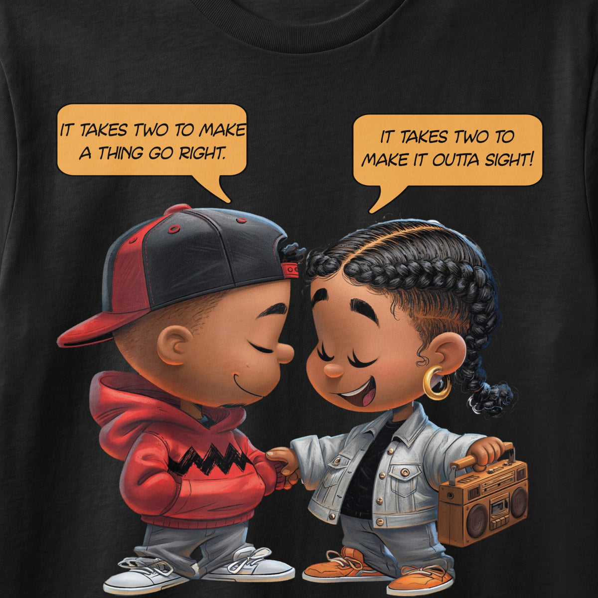Animated characters shaking hands, one says "It takes two to make a thing go right" and the other says "It takes two to make it outta sight!".