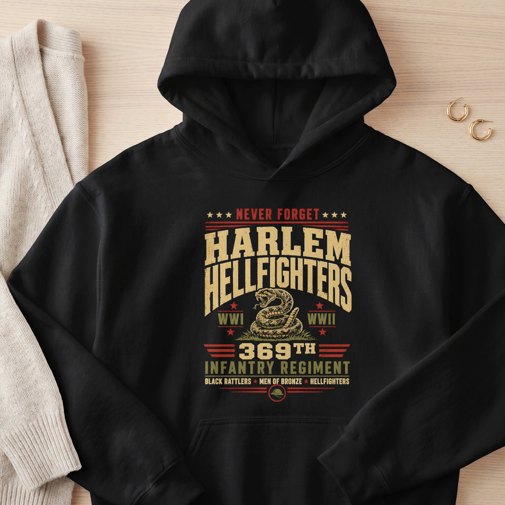 Black hoodie with Harlem Hellfighters WWI WWII 369th Infantry Regiment design.